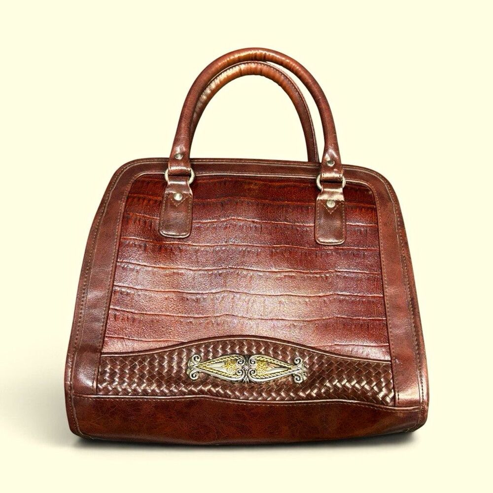 Vintage Marlo Brown Croc Satchel 100% Leather Bag Detachable Strap Magnetic Snap